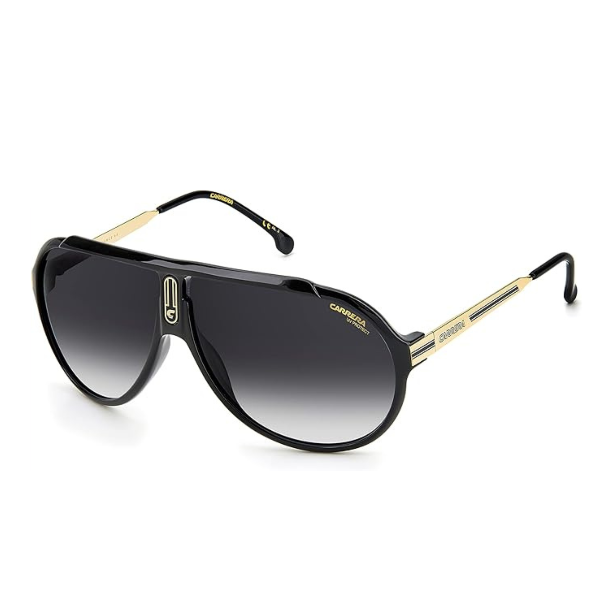 The Carrera Sunglasses CARRERA ICONS ENDURANCE 65 SPECIAL EDITION feature a black aviator style with gold-accented arms, a double bridge, Carrera branding on the temple, and gradient dark lenses—ideal for capturing Miami’s vibrant style.