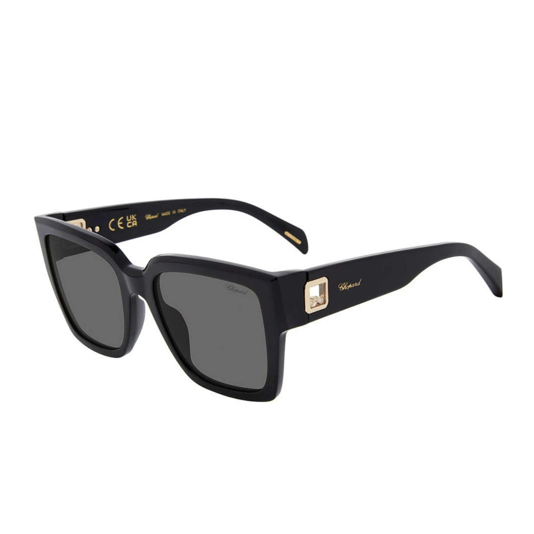 CHOPARD Sunglasses SCH406 0700 feature a black square frame, dark lenses, gold accents and emblem on thick arms, plus the Chopard logo in gold on the side. This bold modern style comes from Chopard Sunglasses.