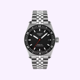 The Tissot Watches PR516 Powermatic 80 (T1494071105100) is a stainless steel Swiss automatic watch with a black dial, silver hour markers, date window, and silver metal bracelet, displayed on a light purple background.