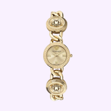 The Versace Watches VE3C00222 Stud Icon Bracelet Watch is a gold women's timepiece featuring a round face, chain-link band, and Medusa head accents on the bracelet against a light background.