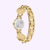 The Versace VE3C00222 Stud Icon Bracelet Watch for women features a linked bracelet with Versace engravings and a case back engraved with the Medusa head logo, showcasing Swiss Made quality from Versace Watches.