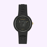 The Versace VE6G00223 Medusa Pop Silicone Women's Watch by Versace Watches has a black dial with Medusa head, gold accents, Greek key bezel, and a black logo silicone strap. Swiss Made quartz movement ensures reliable performance.