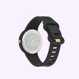 The Versace VE6G00223 Medusa Pop Silicone Women’s watch features a black rubber strap, engraved silver-tone Medusa Pop case back, gold-tone buckle accent, and precise Swiss Made quartz movement. Brand: Versace Watches.