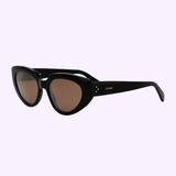 Celine Sunglasses CL40286I 5301E for men feature thick black cat-eye frames, brown-tinted lenses, and gold "Celine" branding on the temples, offering luxurious style against a light background.