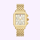 The Michele MWW06A000780 Deco 18k Gold Diamond Dial Watch by Michele Watches features a white mother-of-pearl dial, three subdials, Swiss chronograph movement, gold hands, Roman numerals, and a gold-tone link bracelet.
