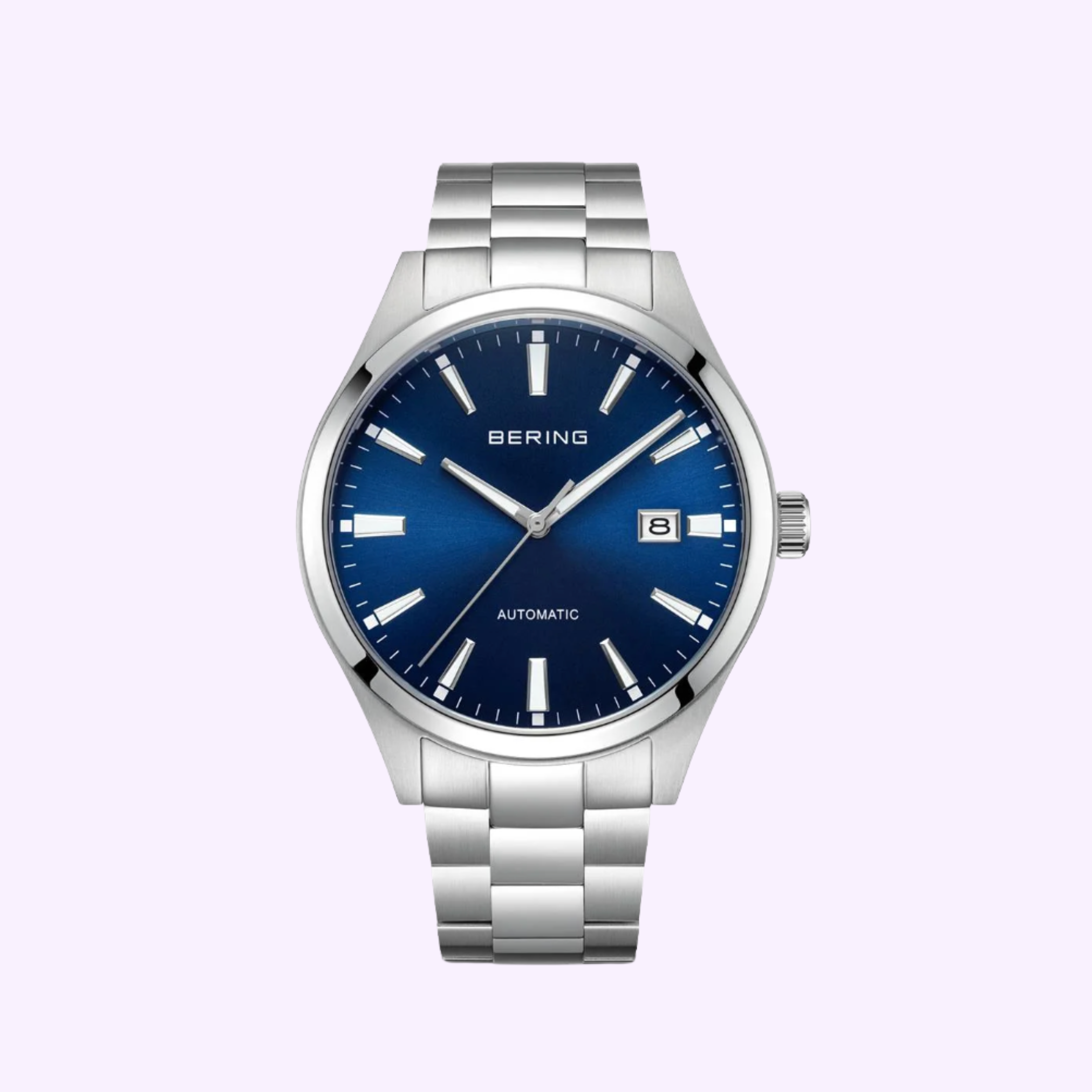 The Bering Watches Classic 19842-707 is a silver women’s watch featuring Scandinavian minimalism, a metallic band, blue dial, silver hour markers and hands, and a date display at 3 o’clock.