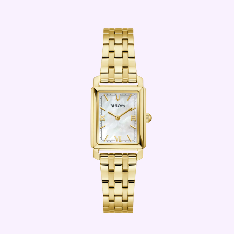 Bulova Sutton 97L177 women's watch with gold-tone rectangular case, mother-of-pearl dial, and gold link bracelet