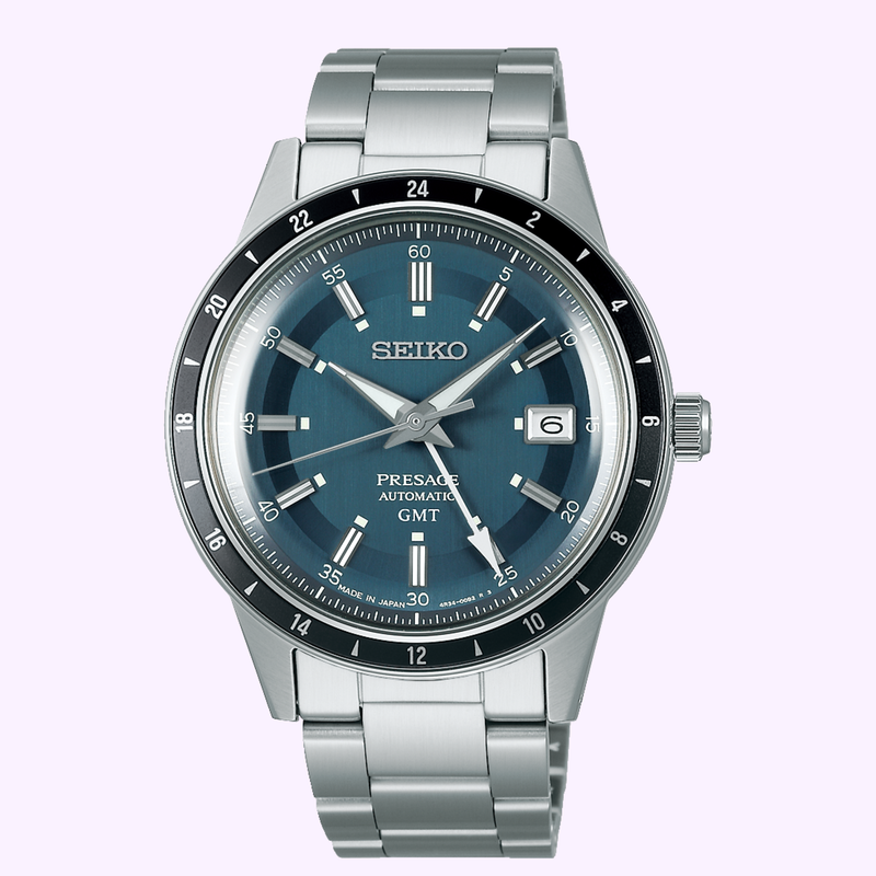 Seiko Presage Style60's SSK009 blue-gray dial automatic GMT watch with stainless steel bracelet