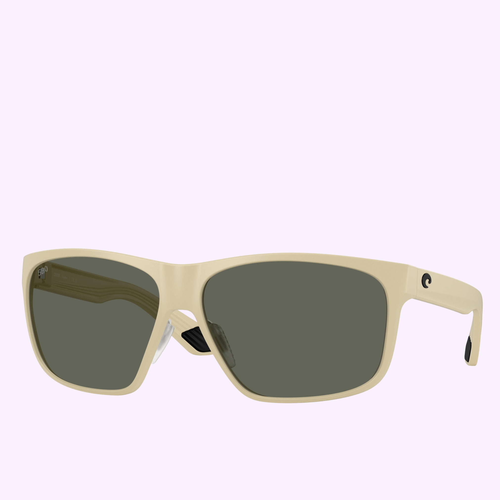Beige rectangular Costa Del Mar Sunglasses 06S9106 91061762 with dark lenses and a small black logo on the left arm, shown on a light purple background. Shop from an Authorized Dealer in Miami.