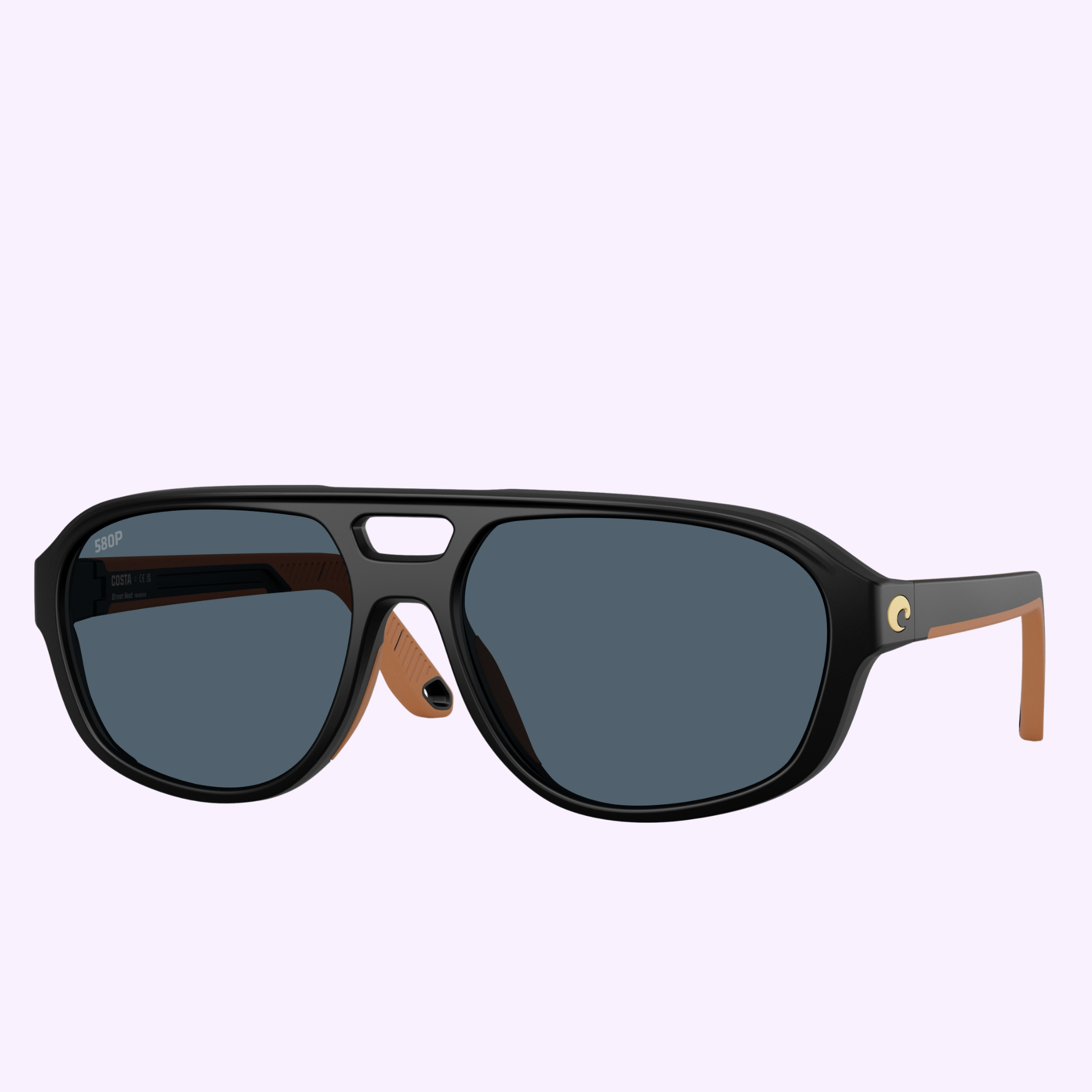 Costa Del Mar Sunglasses 06S9133 91330455: Black aviator-style frames, dark lenses, brow bar cutout, brown temple tips. Shown on a light purple background. Buy confidently from an Authorized Miami Dealer.