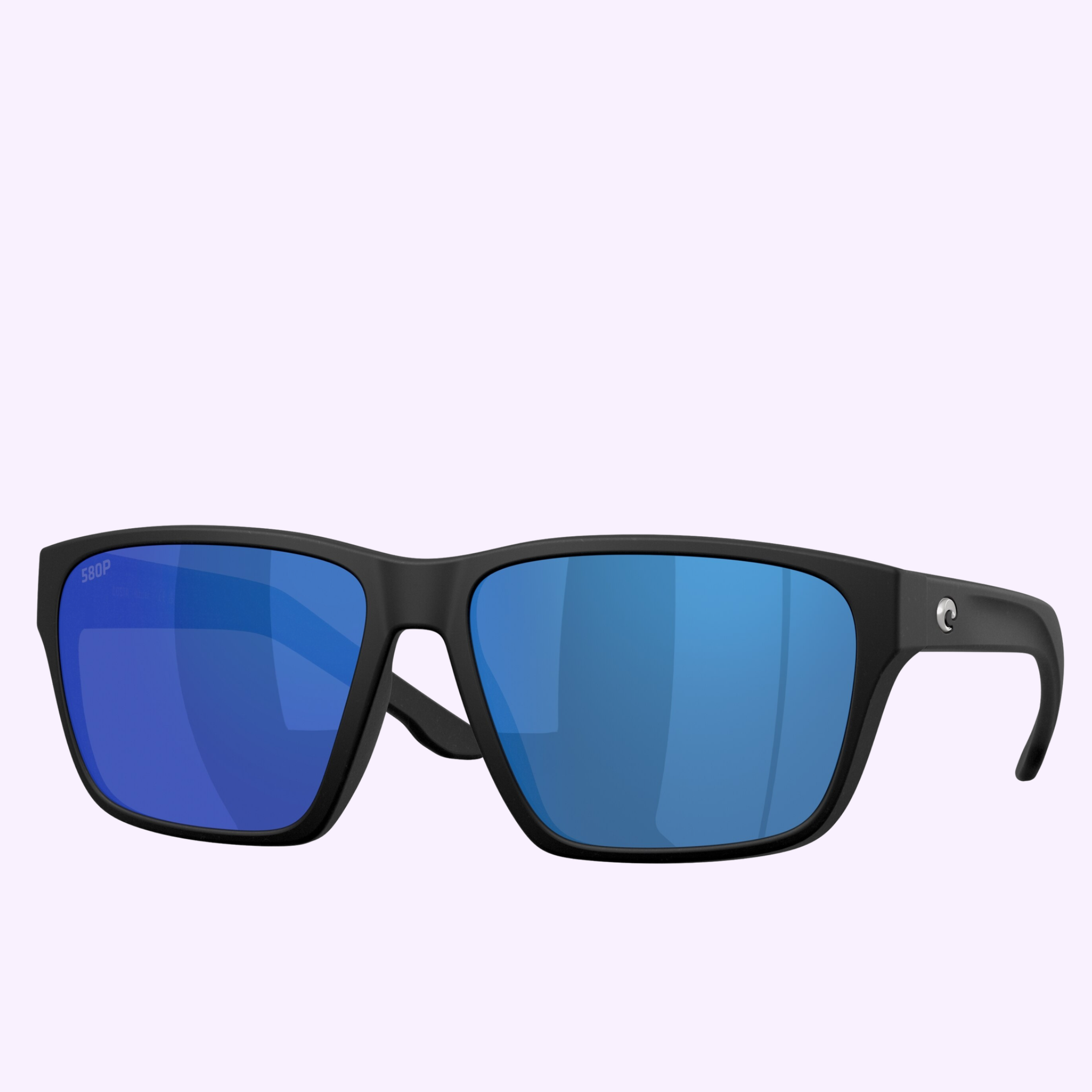 Costa Del Mar Sunglasses 06S9141 91410255 featuring black rectangular frames and reflective blue lenses, showcased on a light purple background with Miami-inspired style.