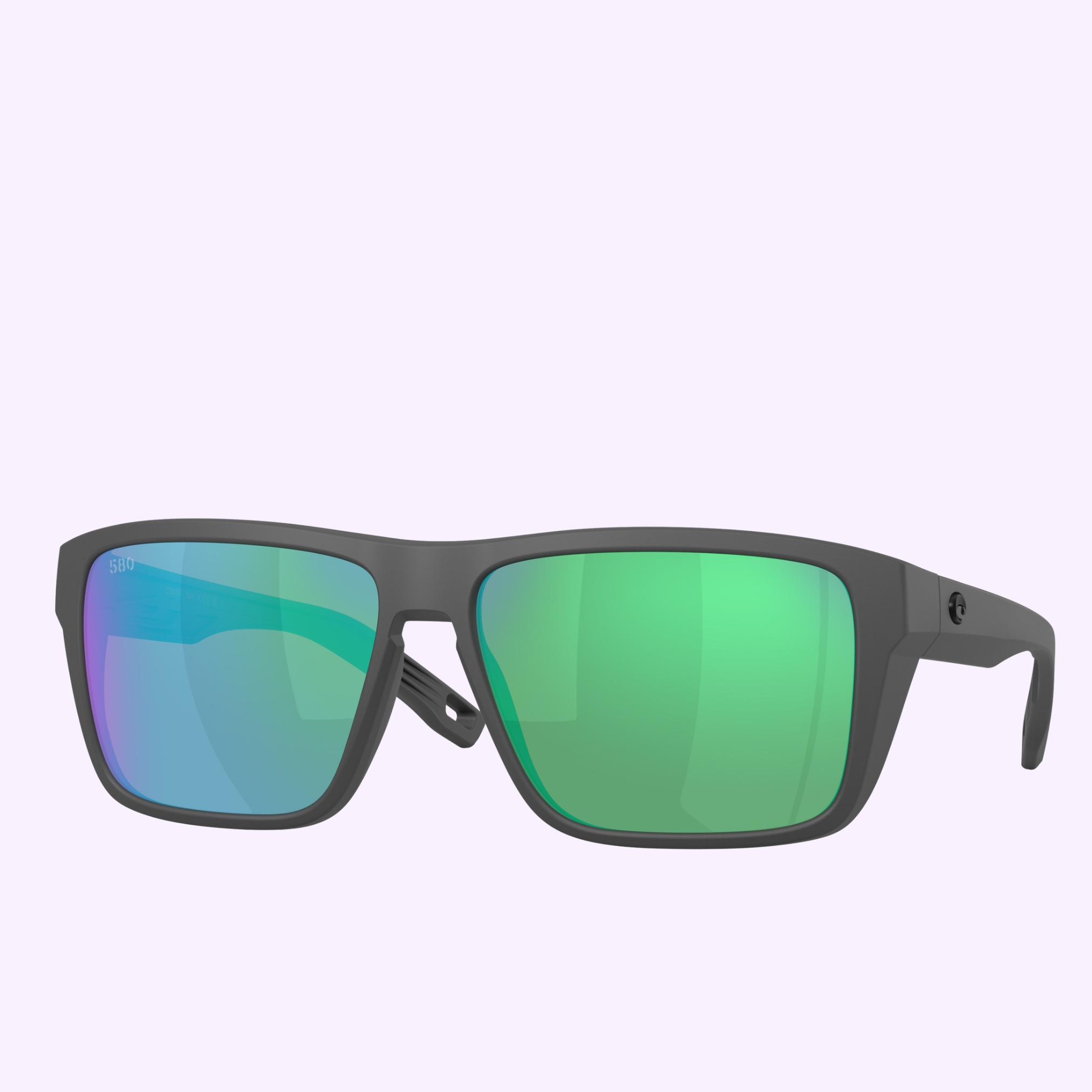 Matte black Costa Del Mar Sunglasses 06S9143 91430761 with mirrored green lenses, displayed on a light lavender background. Shop confidently from an Authorized Dealer in Miami.
