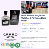Collage featuring a Creed Aventus 3.3 EDP Men Perfume bottle and box, the Creed Perfumes logo, Lexor Miami store reviews, and an interior shot of a modern boutique selling watches, sunglasses, and Eau De Parfum.