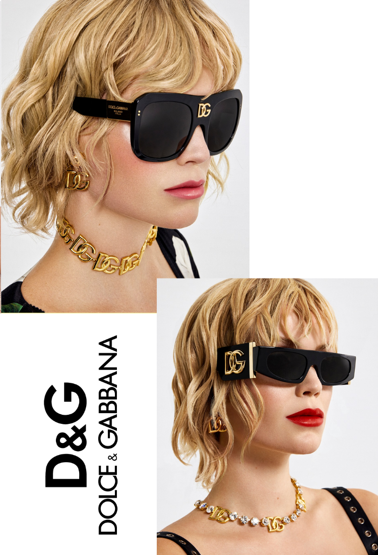 A blonde woman wears black Dolce & Gabbana sunglasses and gold D&G jewelry in two photos. The top image shows her in a gold necklace and earrings; the bottom features her with a beaded necklace and red lipstick. D&G logo is on the left.
