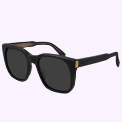 The Dunhill DU0023S 004 57 Unisex Sunglasses by Dunhill Sunglasses feature black square frames, dark lenses, and gold temple accents, displayed on a light purple background. These sunglasses deliver timeless style for any occasion.