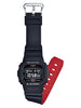 The CASIO G Shock Watch 5600 SERIES DW5600HR-1 by G-Shock Watches has a durable design with a black face, black upper strap, red lower strap, and digital display showing time and date.