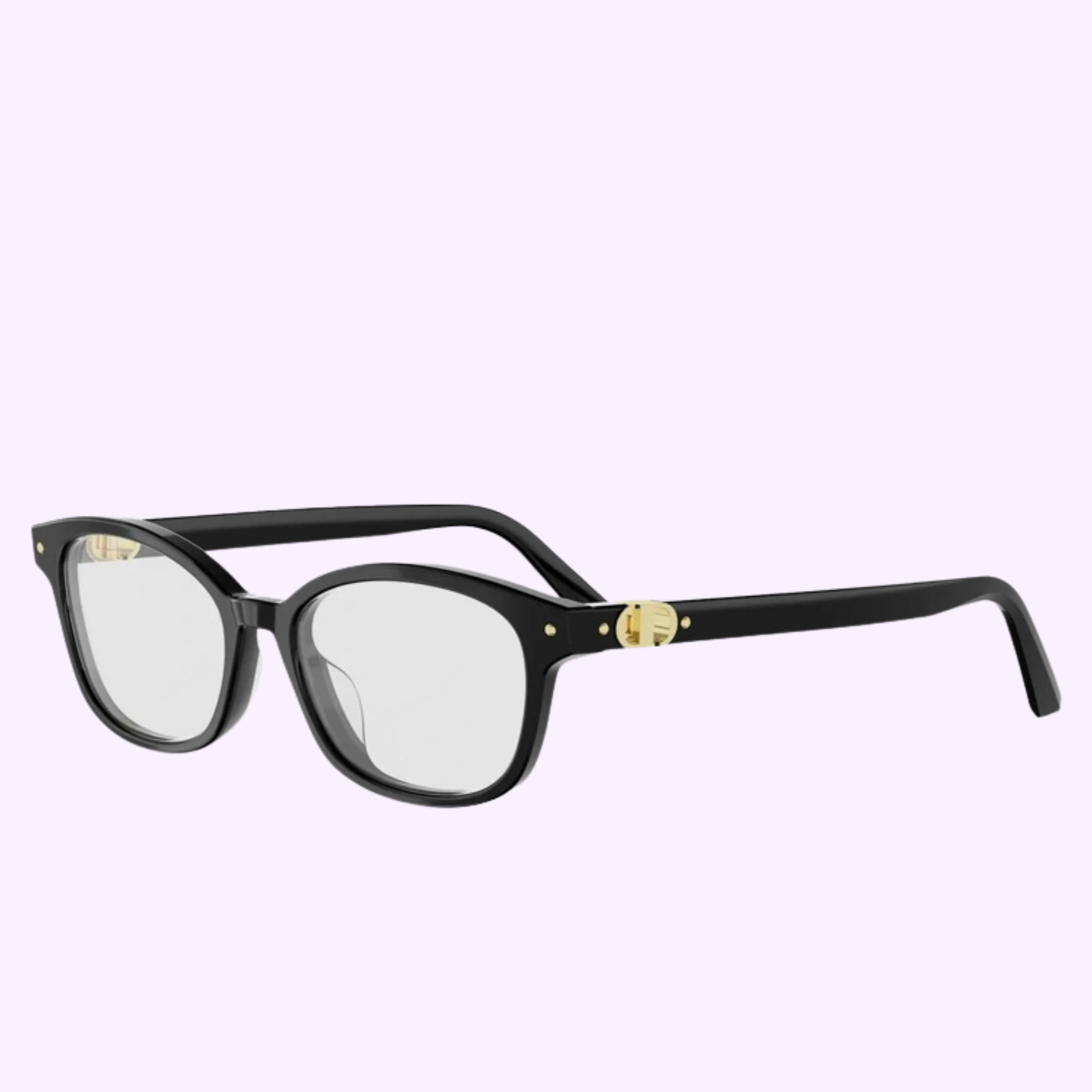 Black-rimmed eyeglasses with clear lenses and gold accents on the hinges, displayed on a light purple background—these Dior Optical Frames PETIT CDO B1I CD50141I 50001 by Dior Sunglasses are available from a Miami Authorized Dealer.
