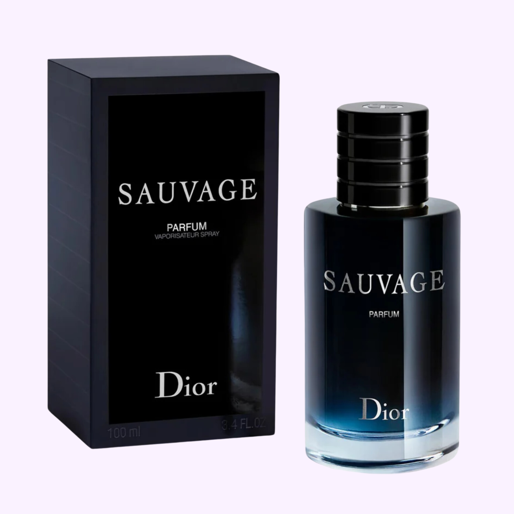 A 3.4 oz bottle of Dior Sauvage Men Perfume Spray from Dior Perfumes stands beside its matching black box, featuring a sleek dark gradient design and bold white lettering.