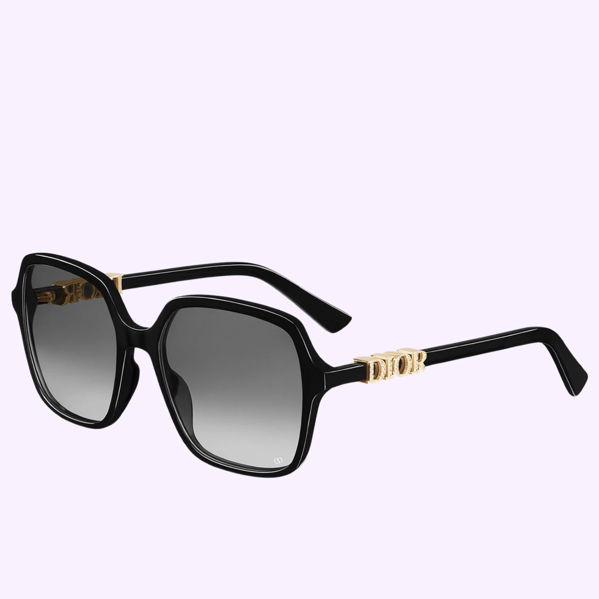 Dior Sunglasses DIORTREASURE S1I CD40232I 5401B feature black oversized square frames, gradient dark lenses, and gold logo details on the temples. Shown on a light purple background. Available from a Miami Authorized Dealer.
