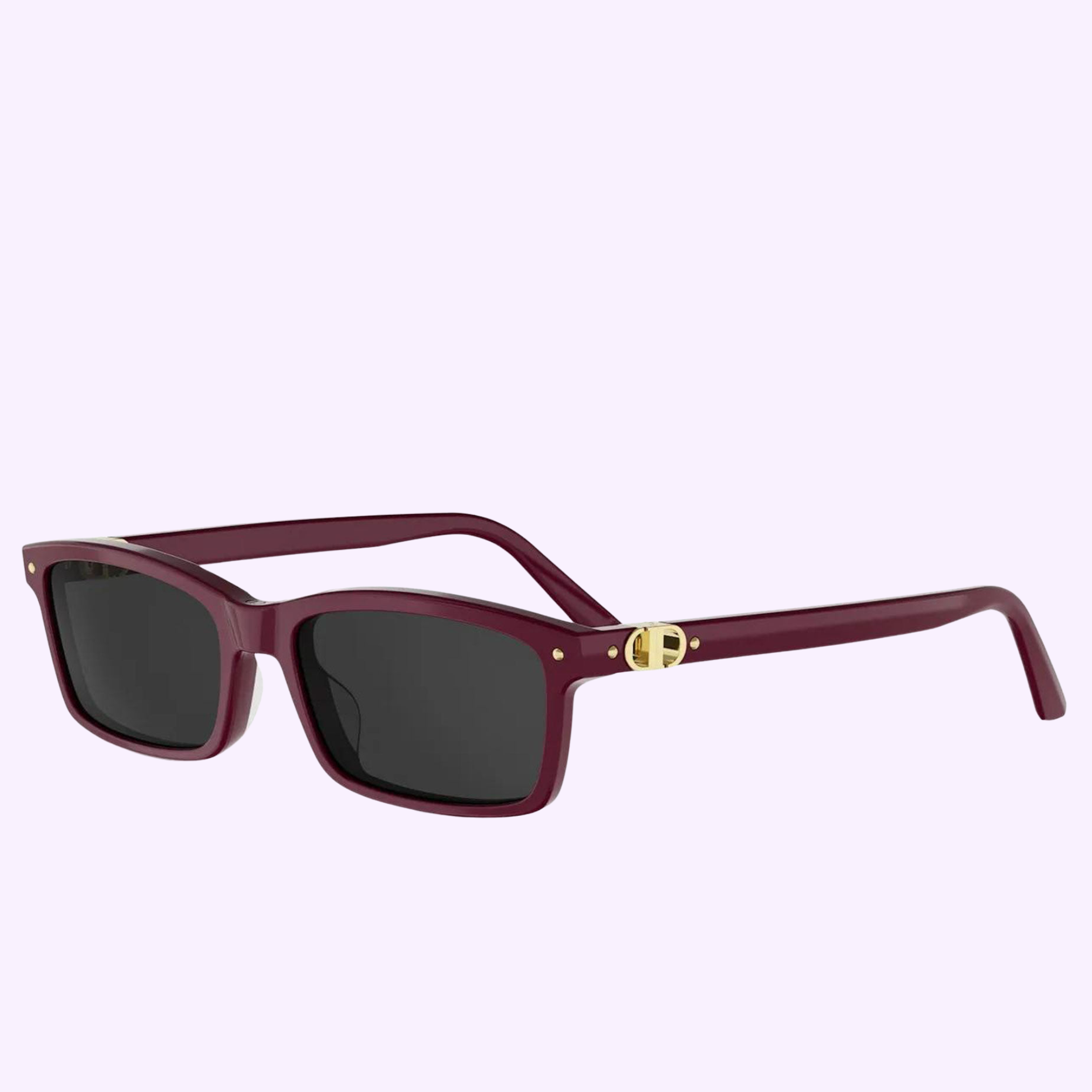 Dior Sunglasses PETIT CD S1I CD40235I 5469A, featuring a rectangular shape, dark lenses, burgundy frame, and gold side accents. Shown on a light purple background. Available from an authorized Miami dealer.