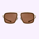 Gold-framed Dita DLS422-A-01 Lancier Unisex Sunglasses from Dita Sunglasses, featuring brown square lenses, a double bridge, and the DITA-LANCIER branding on the right lens, are displayed against a light purple background. These authentic sunglasses blend timeless style with exceptional craftsmanship.