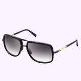 Dita DRX-2030-G-BLK-18K-59-Z Mach One Unisex Sunglasses by Dita Sunglasses feature black aviator-style frames, dark gradient lenses, and gold accents on the temples and hinges, adding a modern touch to their titanium design. Displayed on a lavender background.