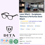 Collage of Lexor Miami eyewear store details, highlighting black glasses and the Dita Sunglasses logo, alongside the address, phone number, hours, reviews, and Google badges. The store interior showcases sunglasses and watches, featuring standout Dita Optical Frames SEQUOIA DTX757-A-03.