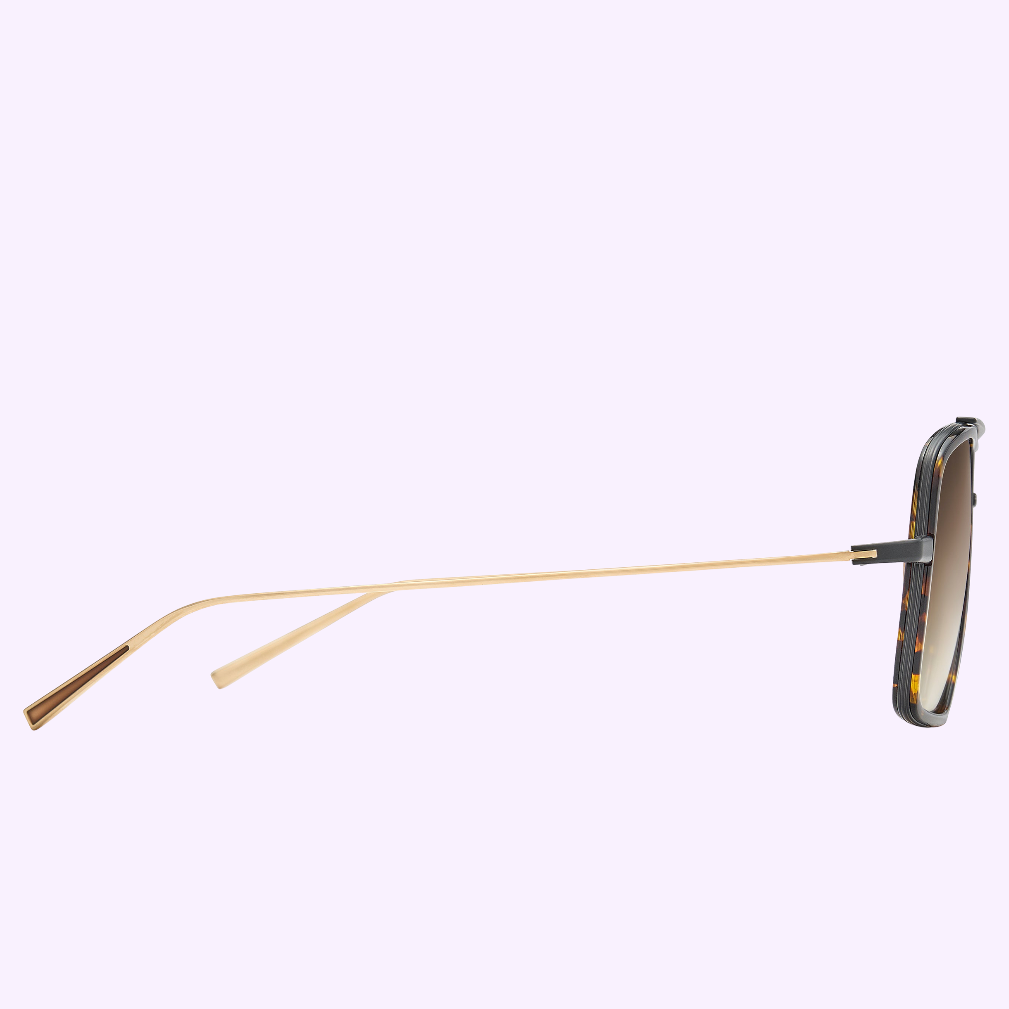 A side view of Dita Sunglasses ARTOA.88x DTS471-A-03 showcases thin gold Japanese titanium arms, tortoiseshell accents on the oversized navigator frame, and gradient tinted lenses against a light purple background.
