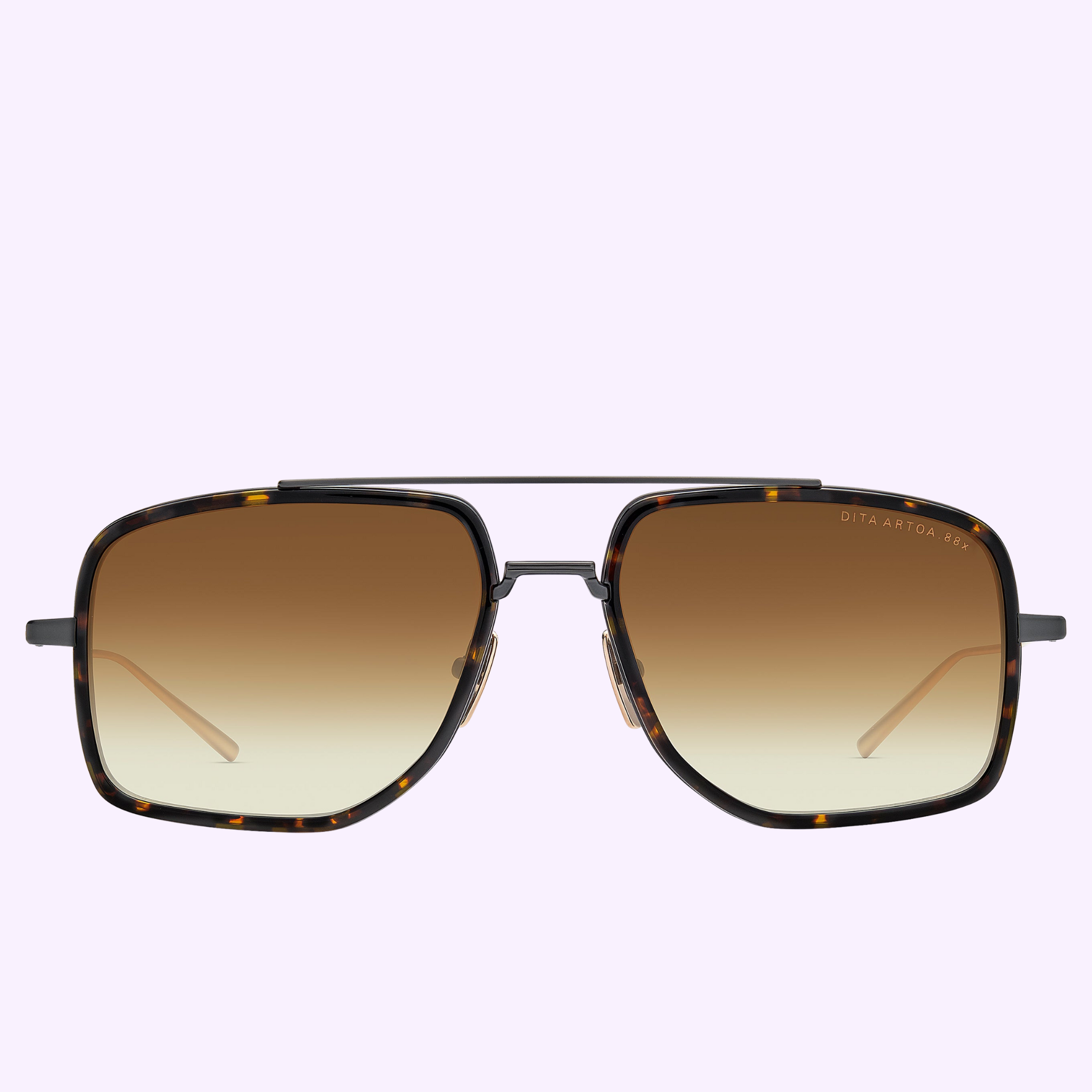 Front view of oversized Dita Sunglasses ARTOA.88x DTS471-A-03 featuring square tortoiseshell frames, a slim Japanese titanium top bar, and gradient brown lenses, displayed against a light lavender background.