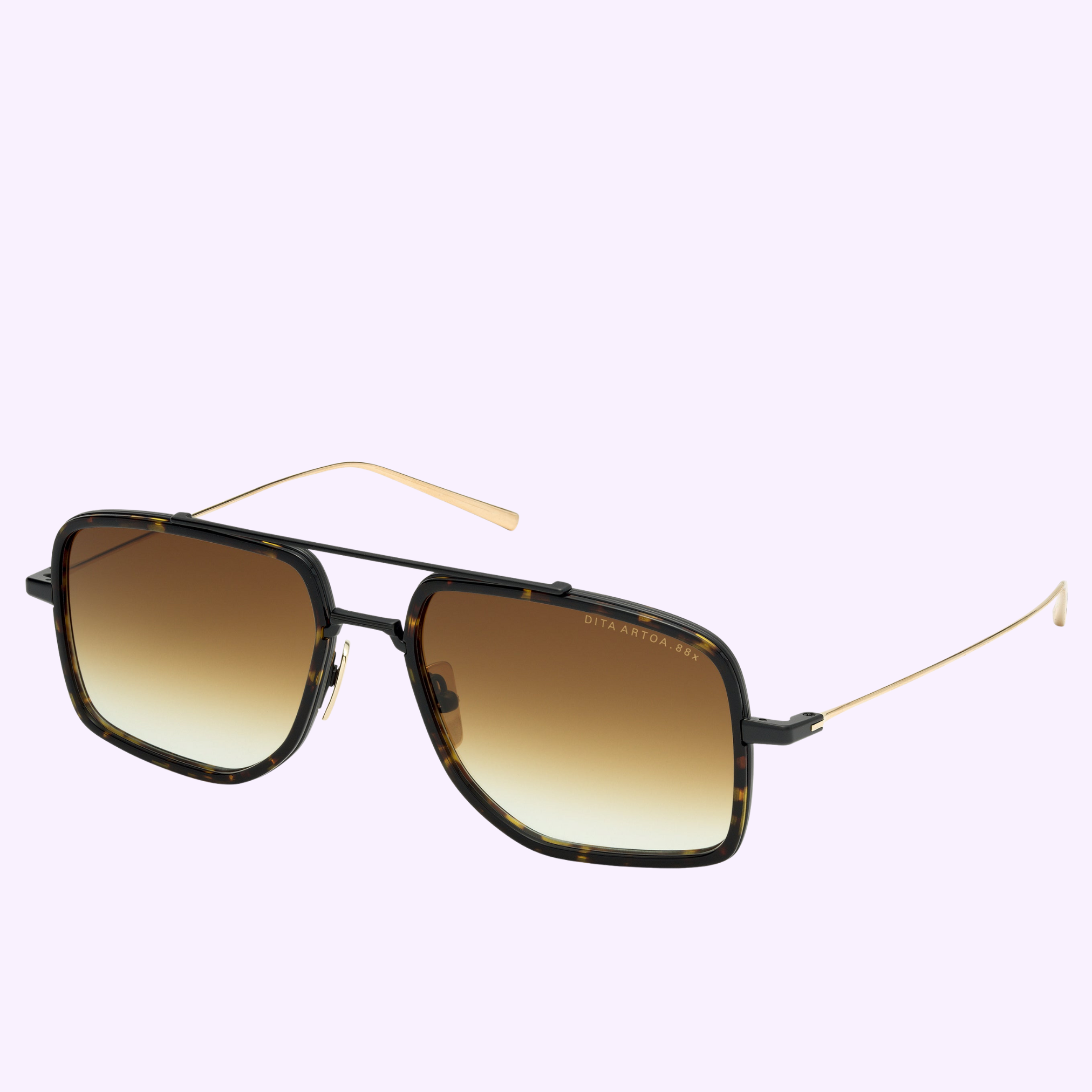 The Dita Sunglasses ARTOA.88x DTS471-A-03 feature square tortoiseshell frames, gold Japanese titanium arms, and brown gradient lenses, shown on a light pastel background.