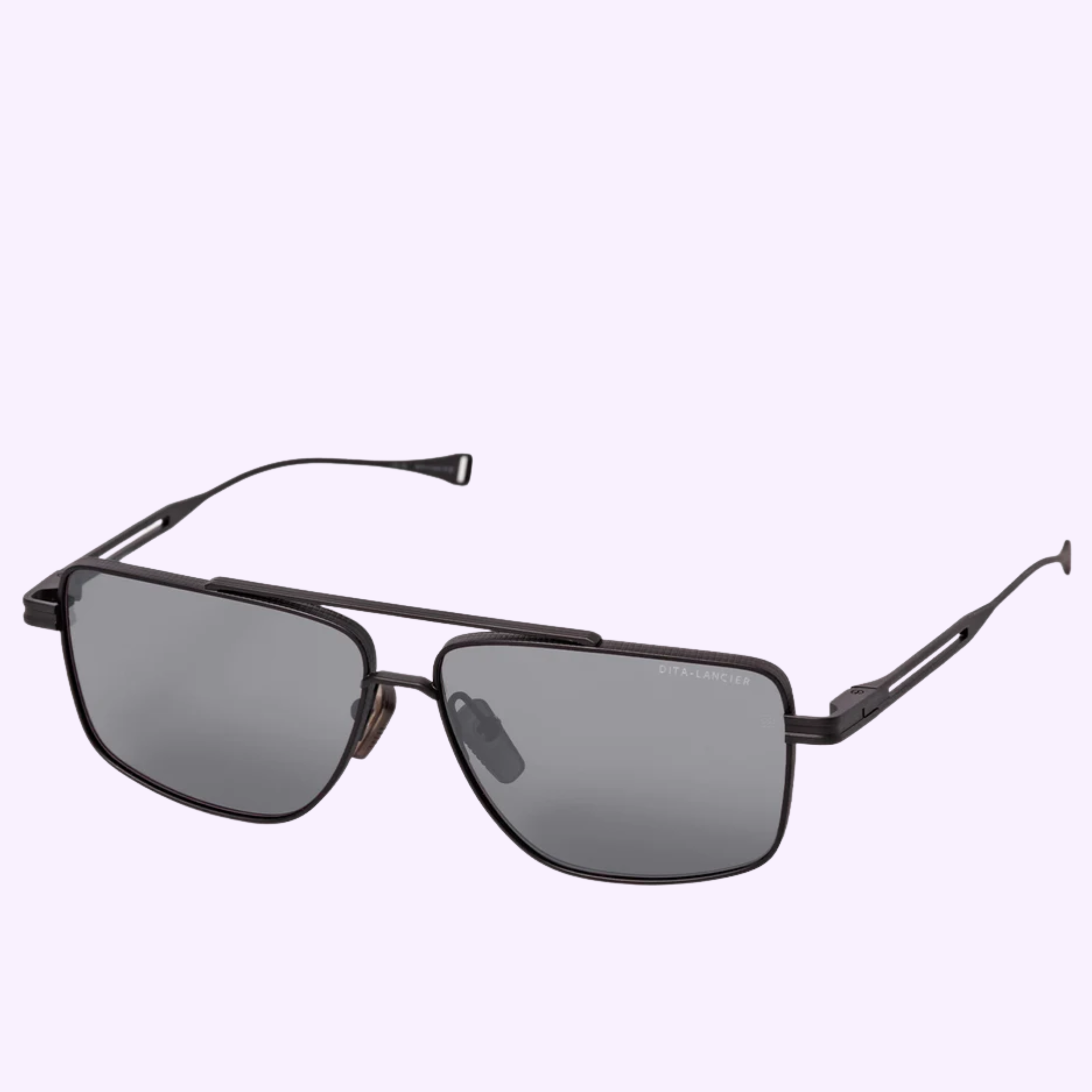 The Dita Sunglasses DLS126-A-02 LSA-126 feature black metal rectangular frames, polarized lenses, and thin arms, shown against a light purple background for striking contrast.