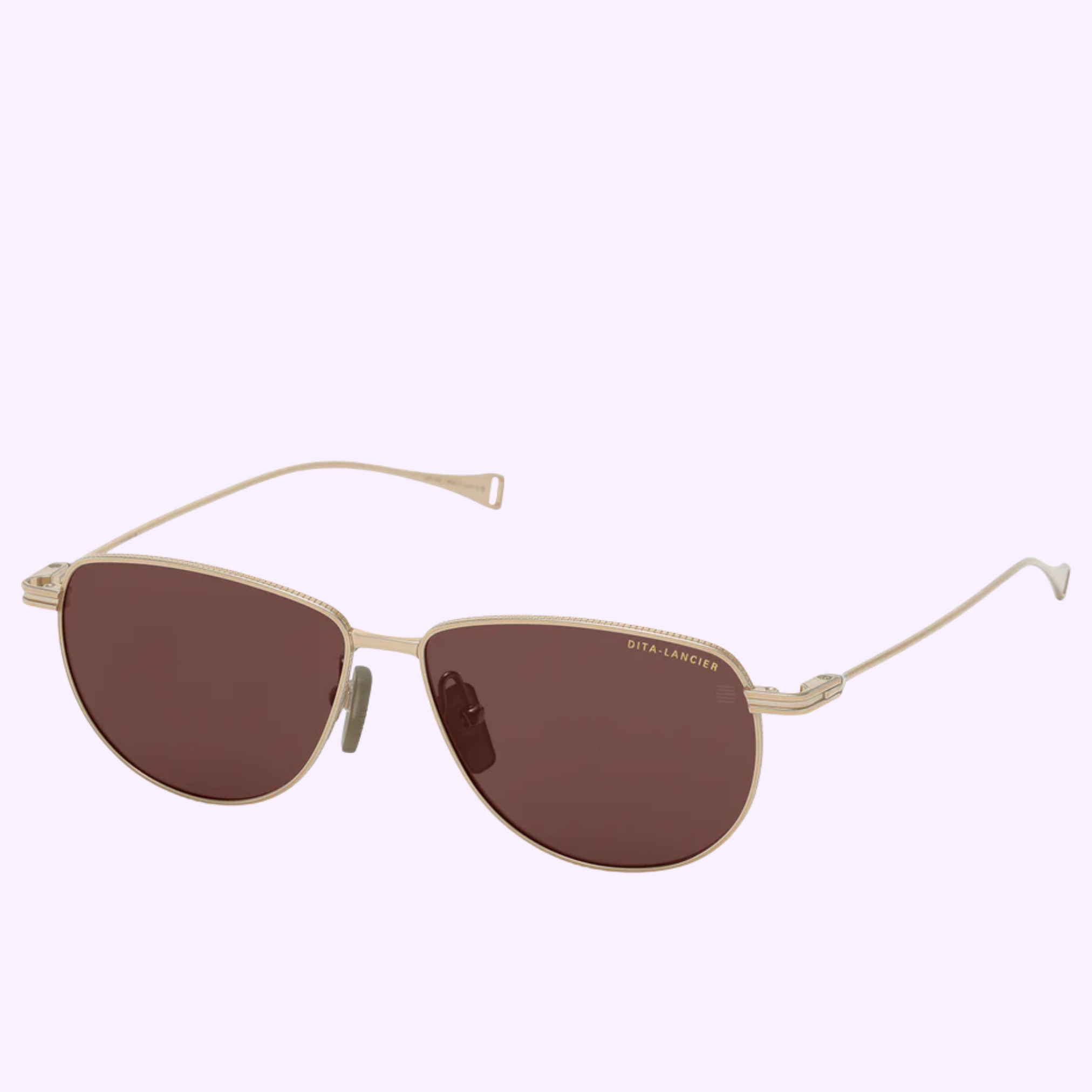 Gold-framed Dita Sunglasses DLS132-A-01 LSA-132 with thin arms and brown-tinted polarized lenses are displayed on a light purple background. “DITA-LANCHER” appears in small gold letters on the right lens, adding a sophisticated touch.