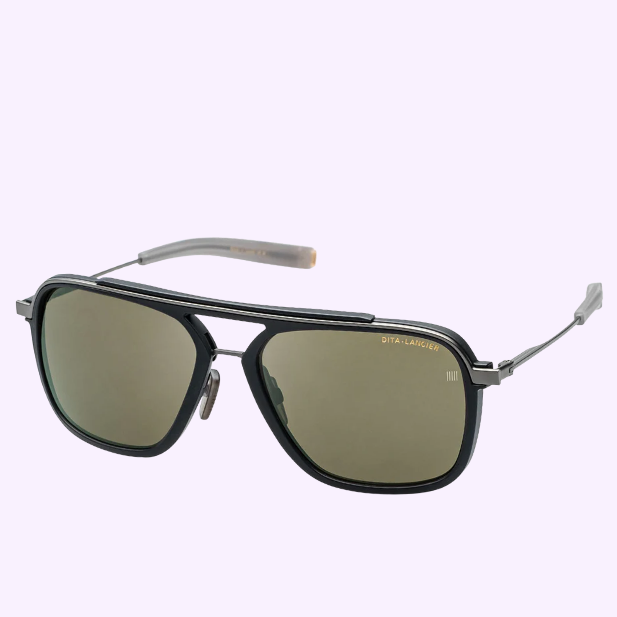 A pair of sleek black Dita Sunglasses DLS400-57-02-A LSA-400 with polarized lenses and thin metal arms is displayed on a light purple background. The brand 