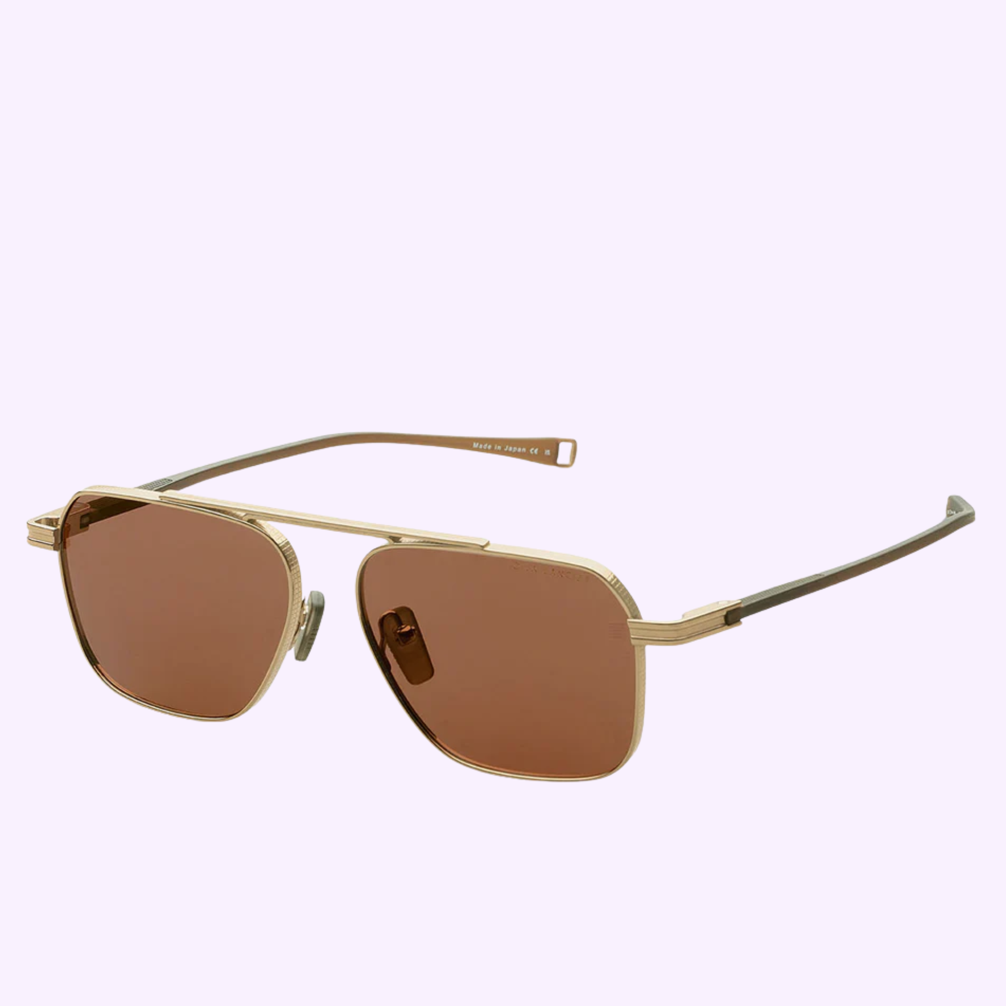 The Dita Sunglasses DLS419-A-01 LSA-419 feature gold metal frames, brown rectangular lenses, and slim brown arms with 100% UV protection, shown on a light purple background.