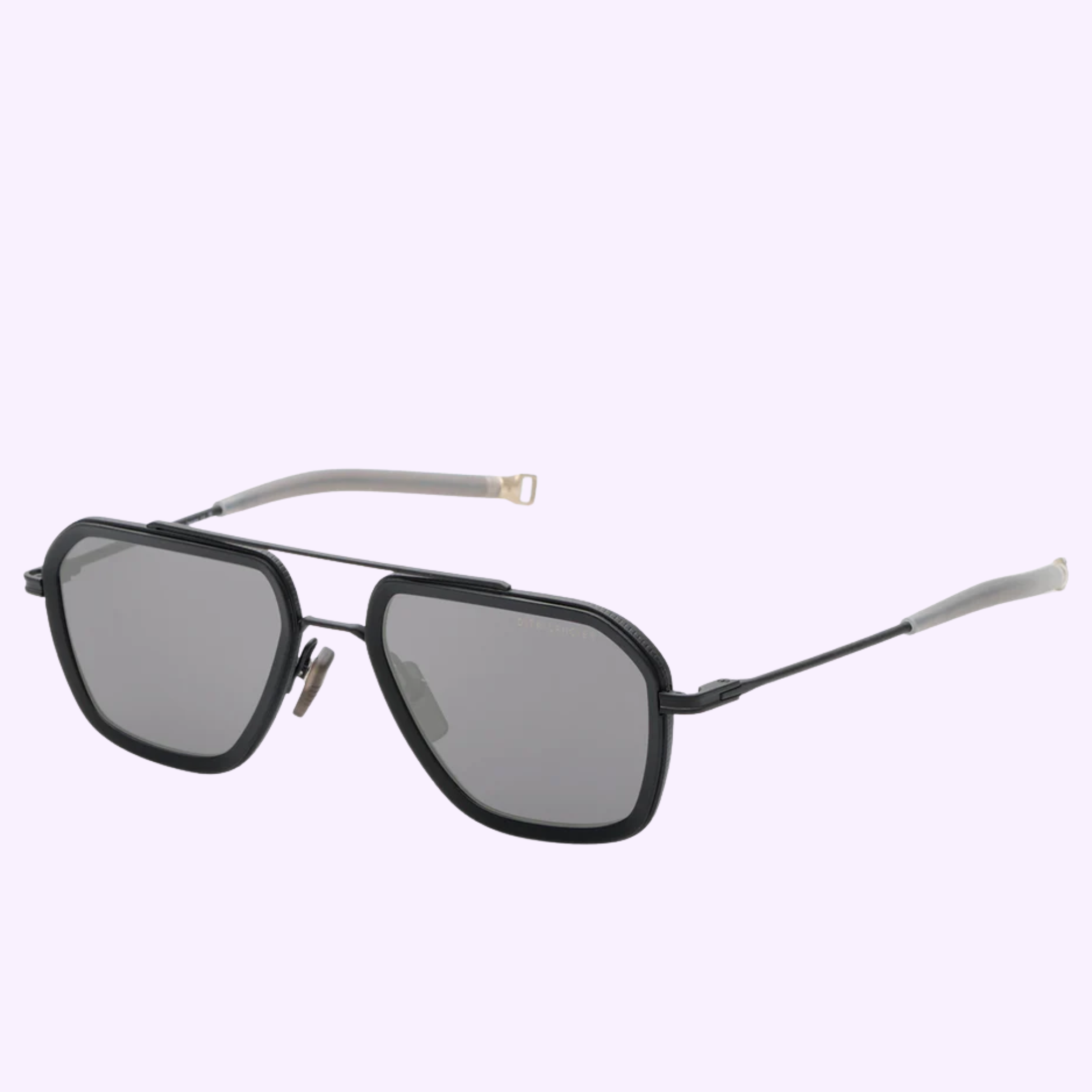 Dita Sunglasses DLS433-A-02 LSA-433 by Dita Sunglasses: black geometric frames with polarized lenses and thin metal arms, showcased on a light purple background for striking high contrast.