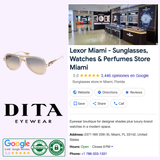 Collage featuring Dita Sunglasses DTS460-A-03 GRAND-DECADE Unisex by Dita Sunglasses, highlighting Limited Edition and Grand-Decade styles, Lexor Miami store details, a storefront photo, Google reviews, authenticity badges, and the DITA Eyewear logo on a light background.