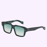 Discover the Dita Sunglasses ELIUX DTS751-A-02 by Dita Sunglasses: square, dark green tortoiseshell frames handcrafted from Japanese acetate with gradient blue-green lenses, set against a light purple background—an elevated statement in luxury eyewear.