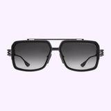 Dita Sunglasses HYPERLUX-1000 DTS470-A-01: Black rectangular navigator silhouette with double bridge and dark gradient lenses, inspired by Japanese titanium design, displayed on a light purple background.