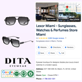 Google listing for Lexor Miami, a store for sunglasses, watches, and perfumes, featuring Dita Sunglasses HYPERLUX-1000 DTS470-A-01 in a navigator silhouette, plus store images, logo, map location, reviews, and contact info.