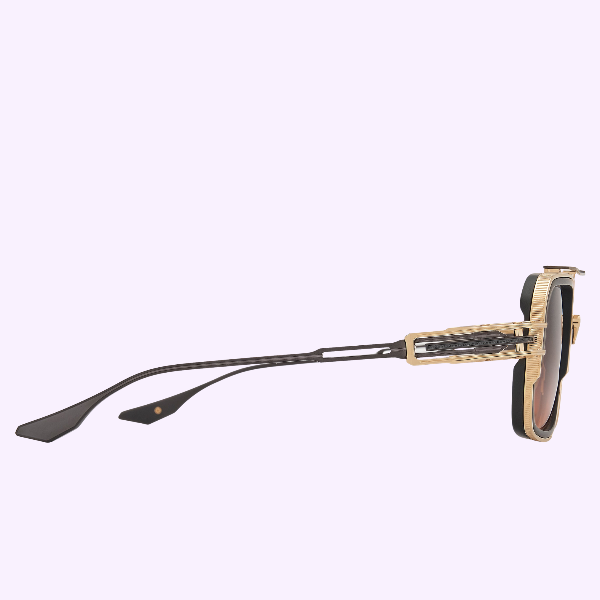 Side view of Dita Sunglasses HYPERLUX-1000 DTS470-A-02 featuring gold accents, black arms, a unique layered Japanese titanium frame, and UVA/UVB protective lenses, set against a light purple background.