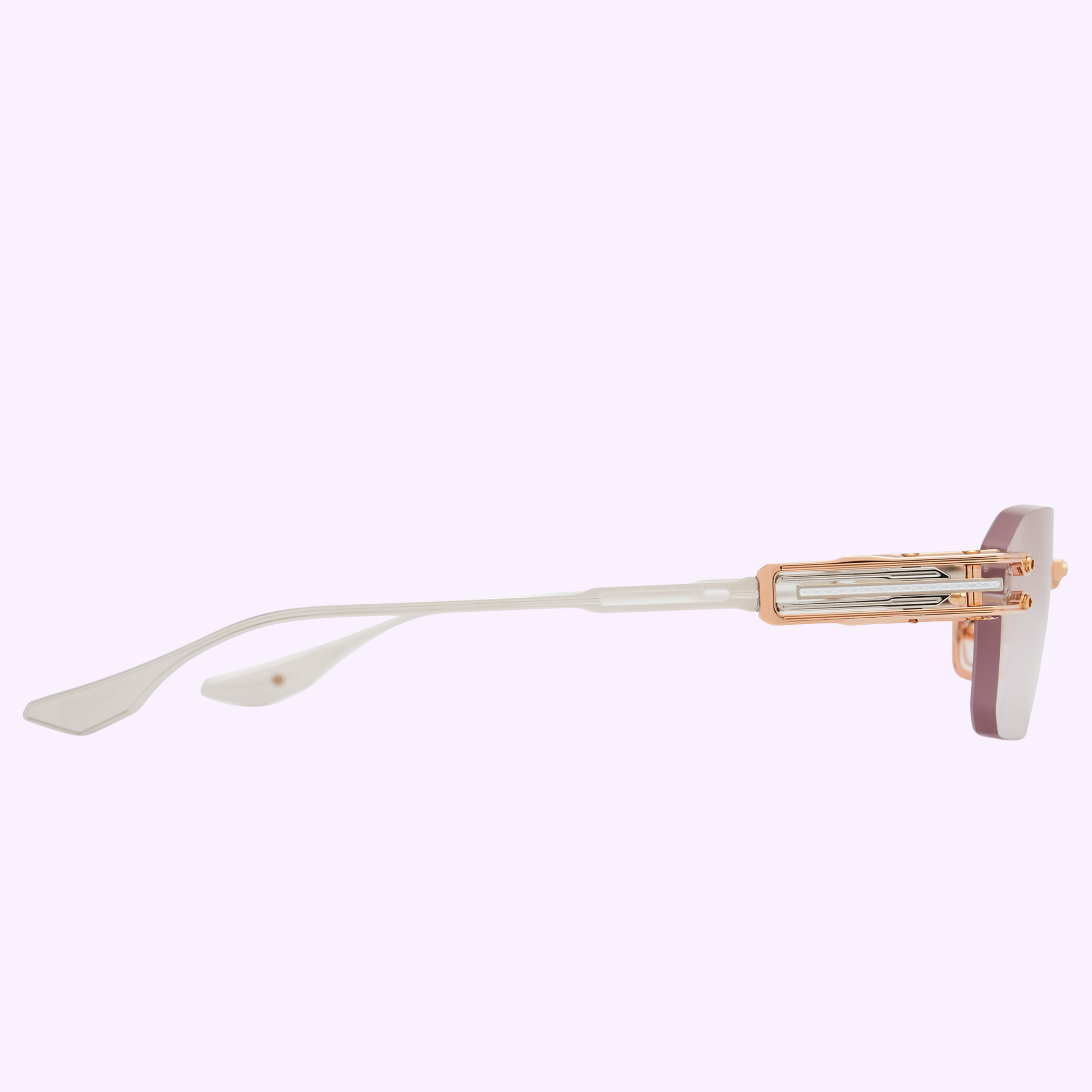 Side view of Dita Sunglasses HYPERLUX-3000 DTX198-A-03 featuring white temples, a titanium bridge, rose gold hinges, and translucent pink rectangular frames, set against a light purple background.
