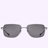 Front view of Dita Sunglasses LSA-119 DLS119-A-03RO featuring square lenses with dark gray polarized lenses and slim black titanium frames, set against a light purple background. “DITA-LANCIER” appears in gold on the top right lens.