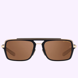 Front view of the Dita Sunglasses LSA-404 DLS404-56-01RO by Dita Sunglasses, featuring a stylish rectangular shape with black frames, gold accents, and brown tinted polarized lenses that highlight exceptional Japanese craftsmanship, displayed on a light lavender background.