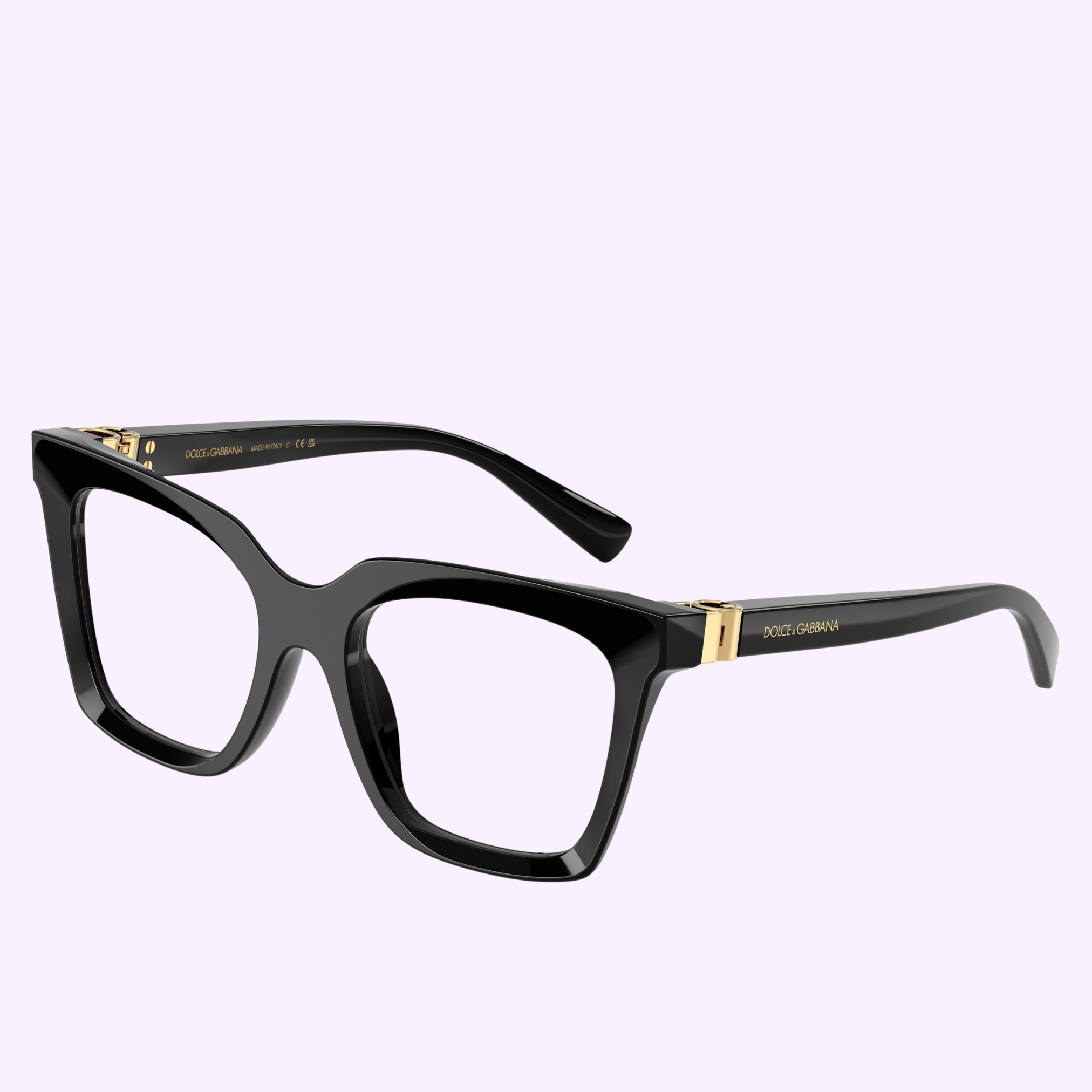 Dolce & Gabbana Optical Frames 0DG3417 501 54: black rectangular frames with thick arms, gold hinge accents, and logo detail, shown on a light purple background. Shop authentic Dolce&Gabbana eyewear from an authorized dealer.