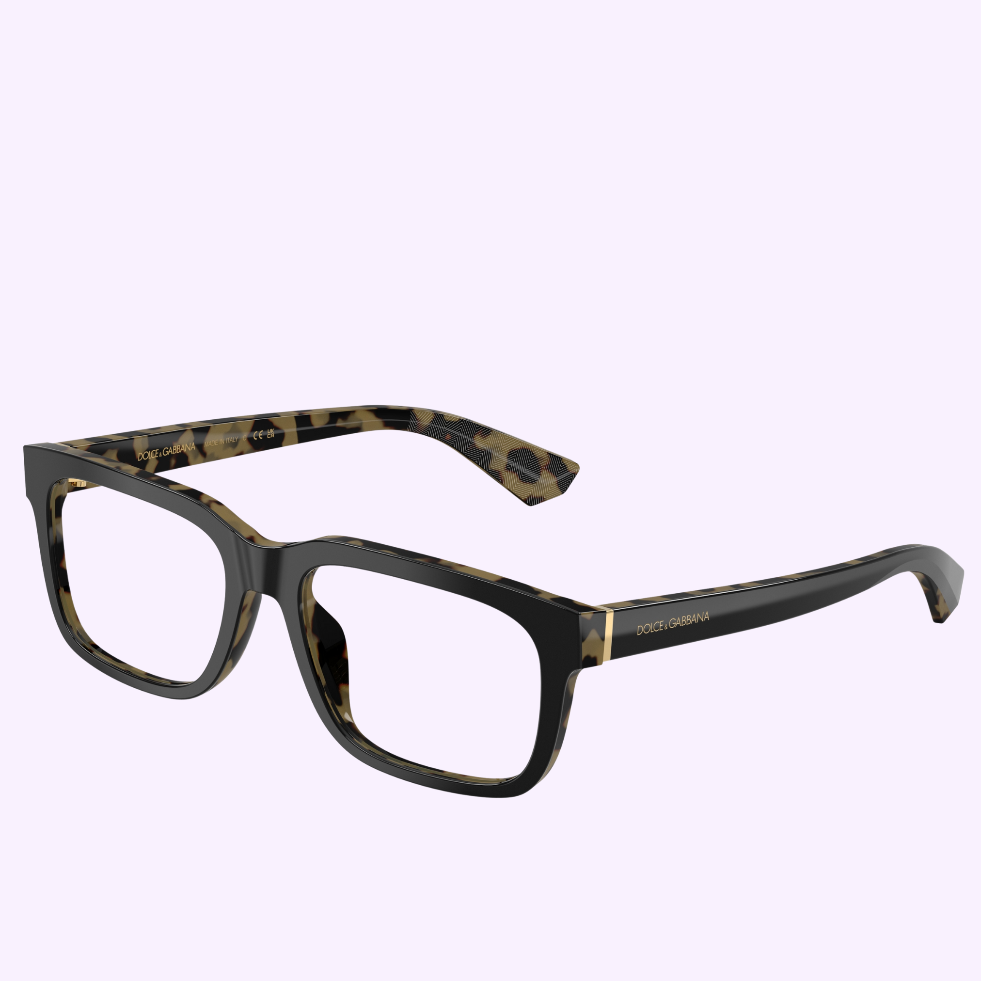 Dolce & Gabbana Optical Frames 0DG3432 3404 56 feature rectangular black and brown tortoiseshell frames, shown on a light purple background. Buy with confidence from an authorized Dolce&Gabbana Sunglasses dealer in Miami.