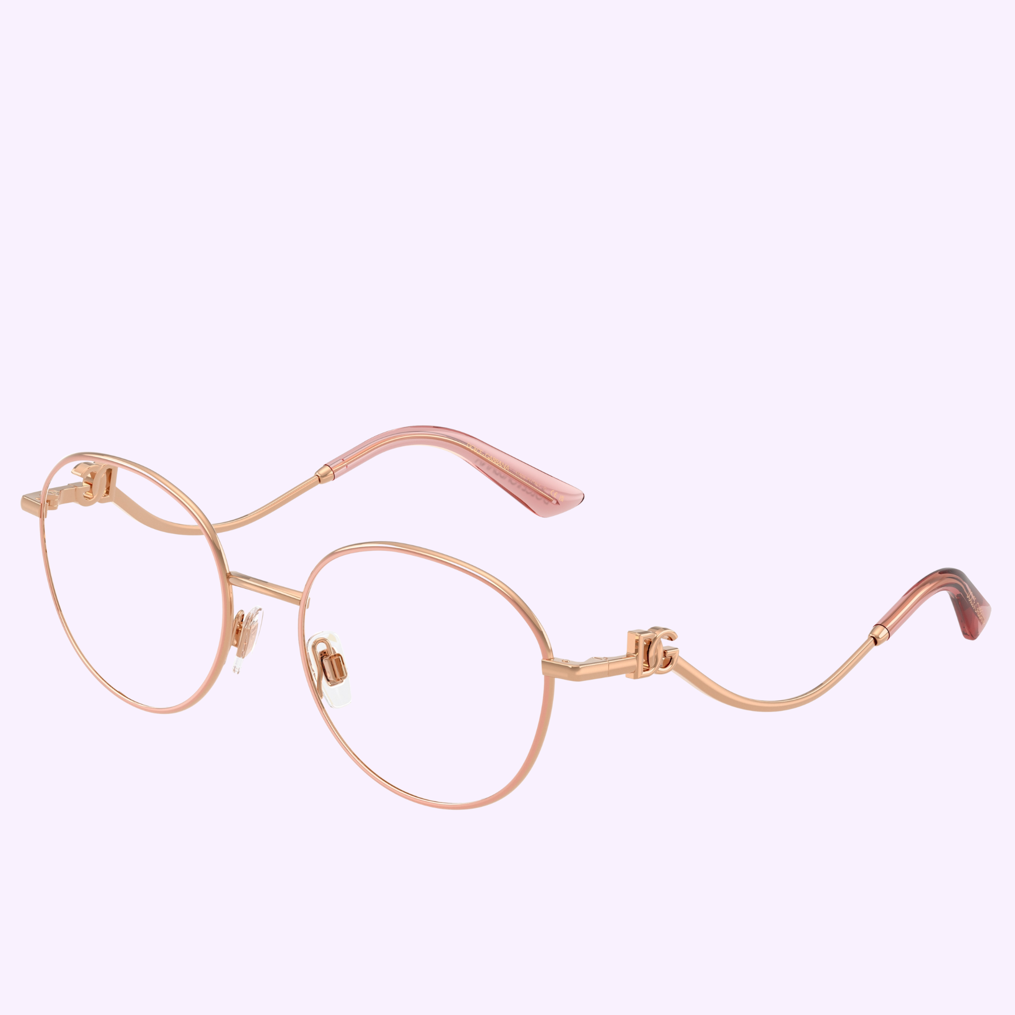 Dolce & Gabbana Optical frames 0DG1365 1369 53: round gold frames with pink-tinted temple tips, displayed on a light purple background—available from an authorized Miami Dolce&Gabbana Sunglasses dealer.