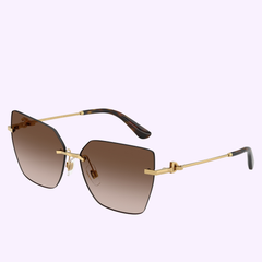 Dolce&Gabbana Sunglasses 0DG2321 02/13 62 feature angular rimless frames, brown gradient lenses, thin gold temples, and black tips. Displayed on a light purple background. Buy confidently from an authorized Miami dealer.