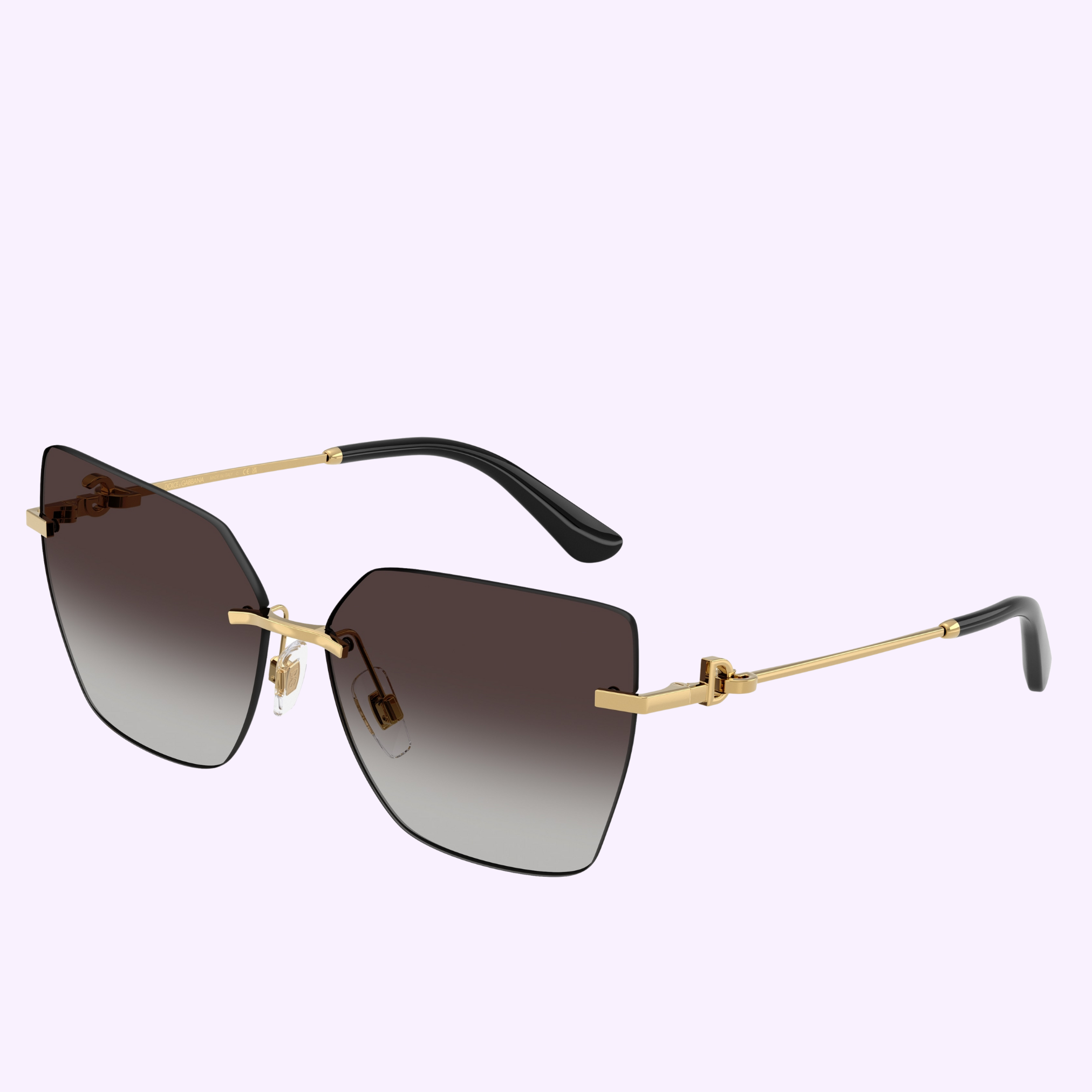 Dolce&Gabbana Sunglasses 0DG2321 02/8G 62 feature large angular dark gradient lenses, thin gold metal frames, and black-tipped arms, displayed on light purple. 100% authentic from an authorized Miami dealer.
