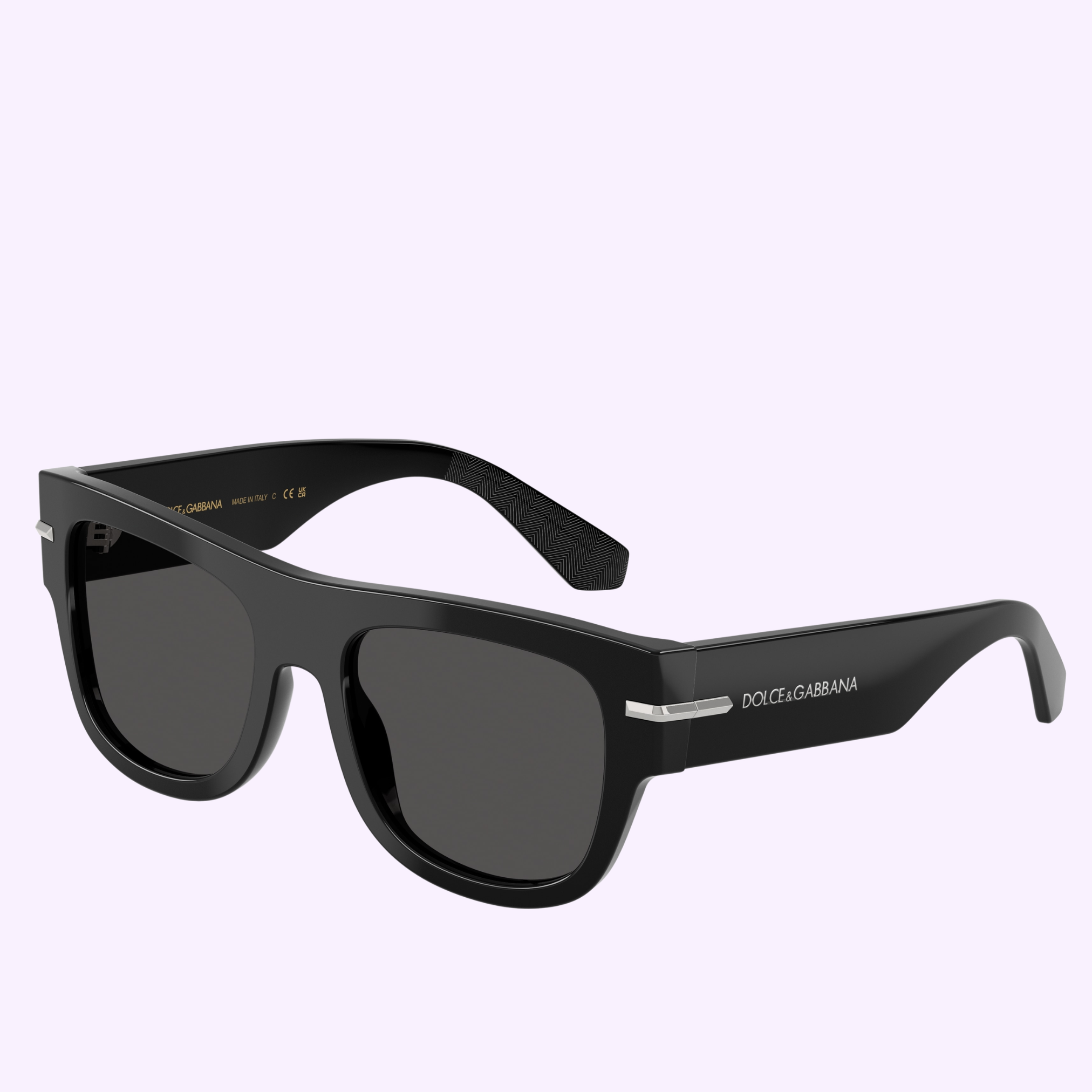 Dolce&Gabbana Sunglasses 0DG4484 501/8754 feature rectangular black frames, dark lenses, and silver arm accents, shown on a light purple background—ideal for sunny days in Miami.