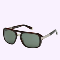 The Dsquared DQ0028 52N 58 Unisex Sunglasses feature a rectangular design with dark green lenses, dark brown frames, and silver accents on the temples. With their curved arms and Miami-inspired flair, these Dsquared Sunglasses are displayed on a light purple background.